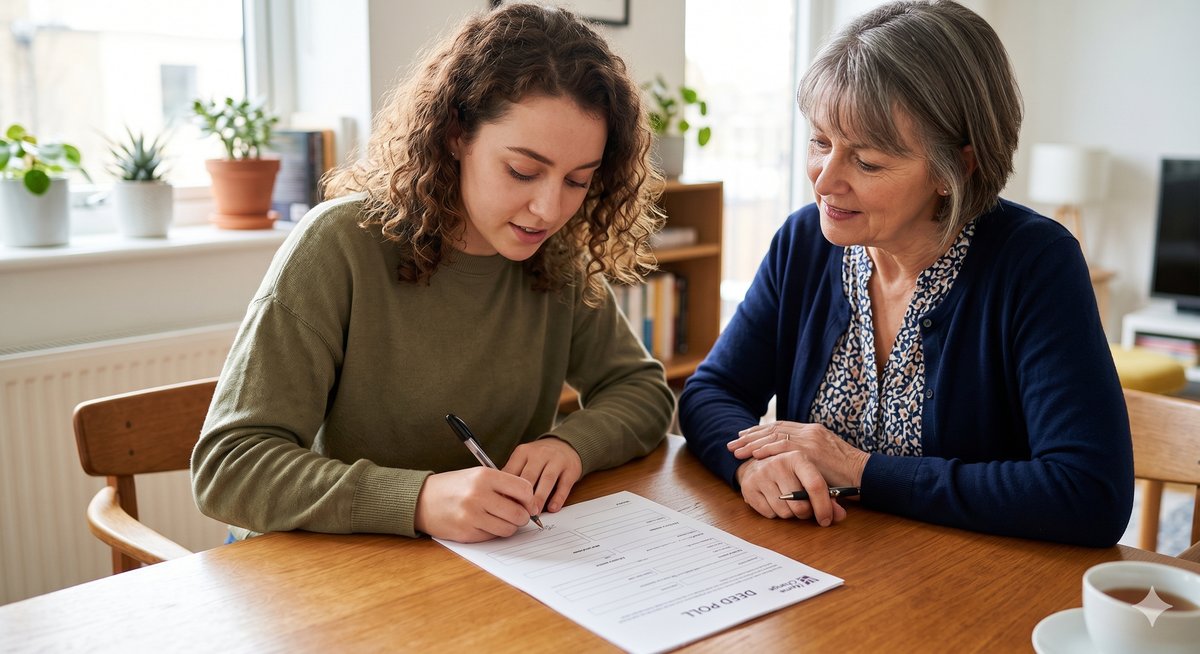 Close up of an independent legal witness watching a person sign a UK deed poll.