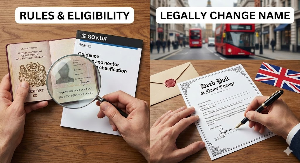 UK name change eligibility checklist and legal documents.