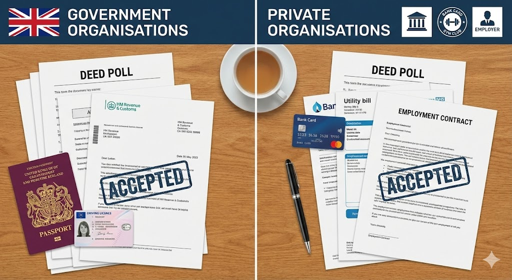 Deed poll acceptance differences between UK government and private companies.