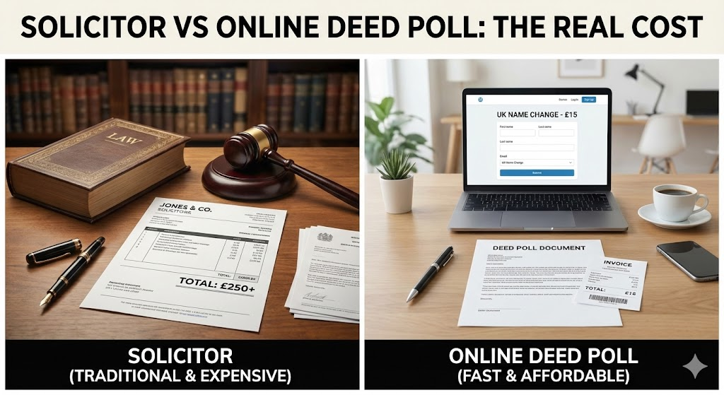 Cost comparison of solicitor vs online deed poll services in the UK.