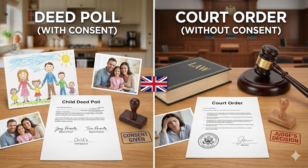 Deed poll vs court order cost comparison for changing a child's name UK.