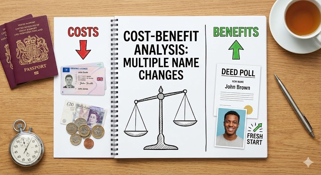 Chain of name evidence required for multiple name changes in the UK.