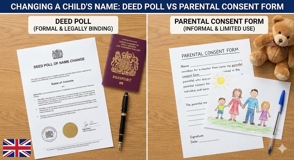 Comparison of child deed poll and parental consent form in the UK.