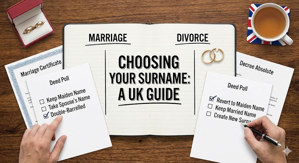 Deciding on a surname after marriage or divorce in the UK.
