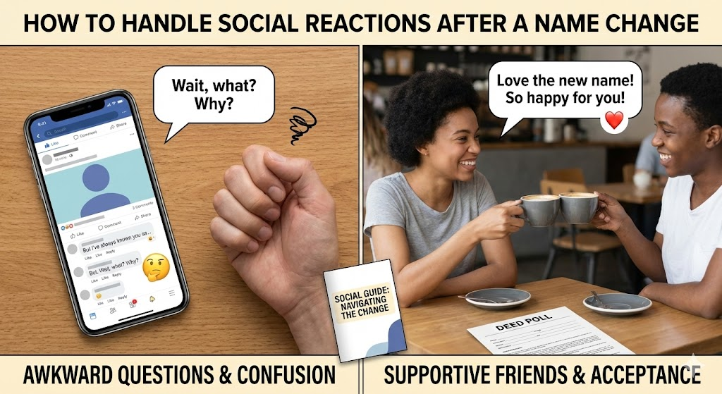 How to handle social reactions and announcements after a name change in the UK.