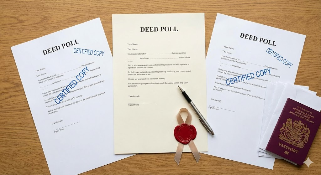 A fan of identical Deed Poll documents spread out on a desk, illustrating the concept of "Duplicate Originals."