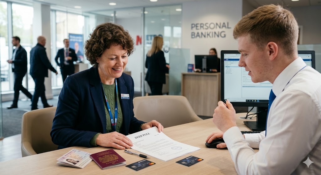 A customer presenting an unenrolled deed poll document to a UK bank teller.