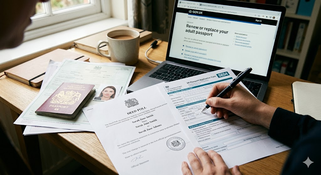 A UK passport alongside a legal deed poll document ready for a name change renewal application.