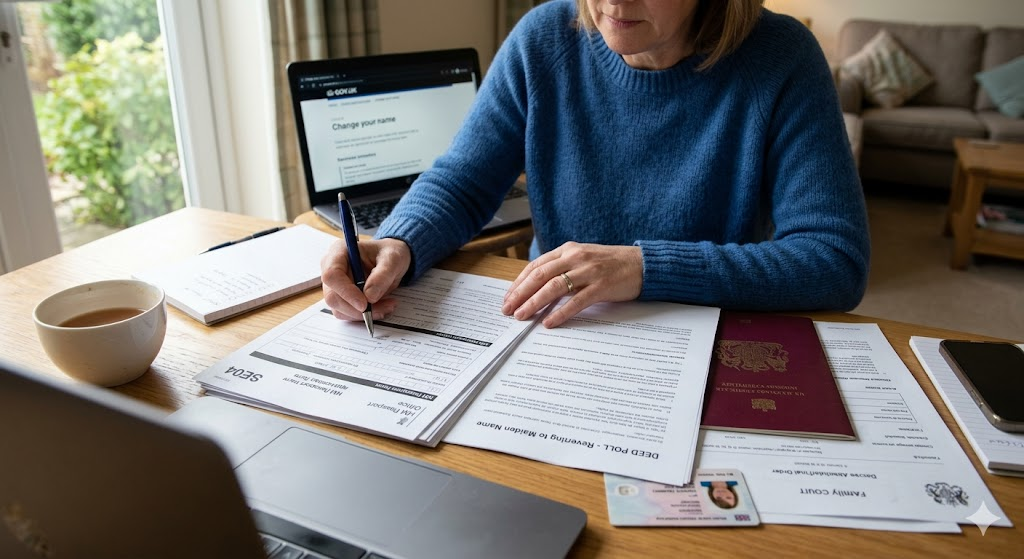 A person smiling with their new UK passport and a legal deed poll document after a divorce.