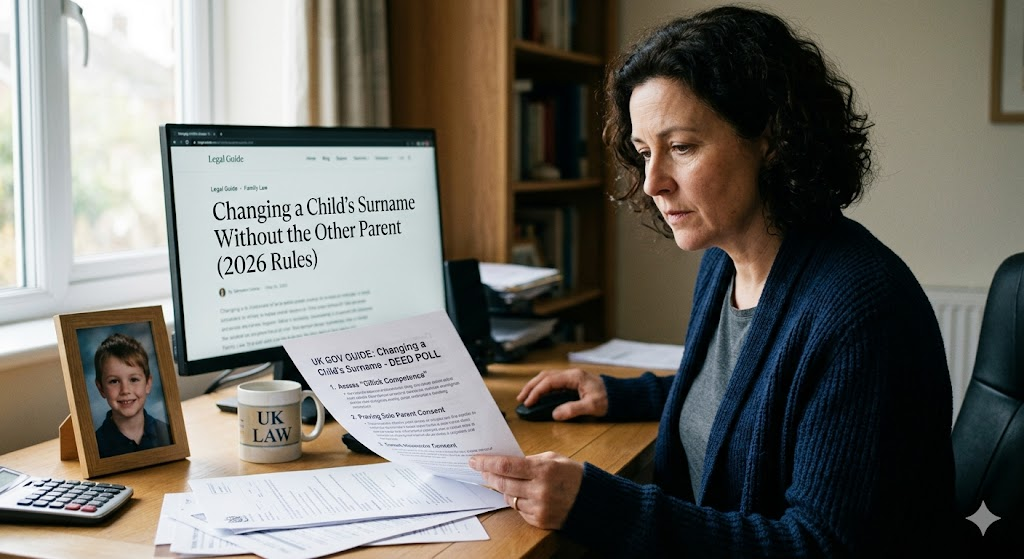 A parent preparing a UK child deed poll document for their son or daughter.