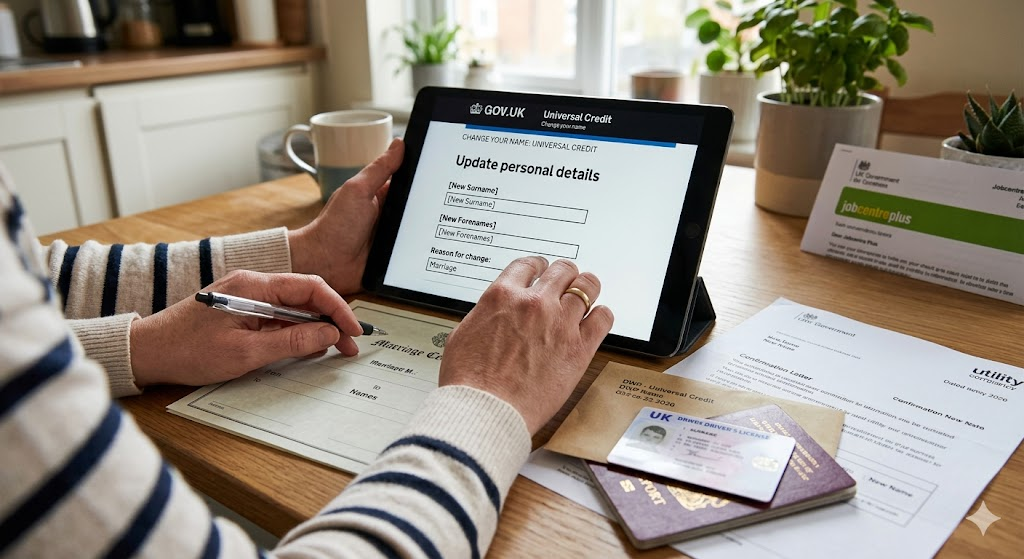 A person using a smartphone to update Universal Credit with a UK deed poll.
